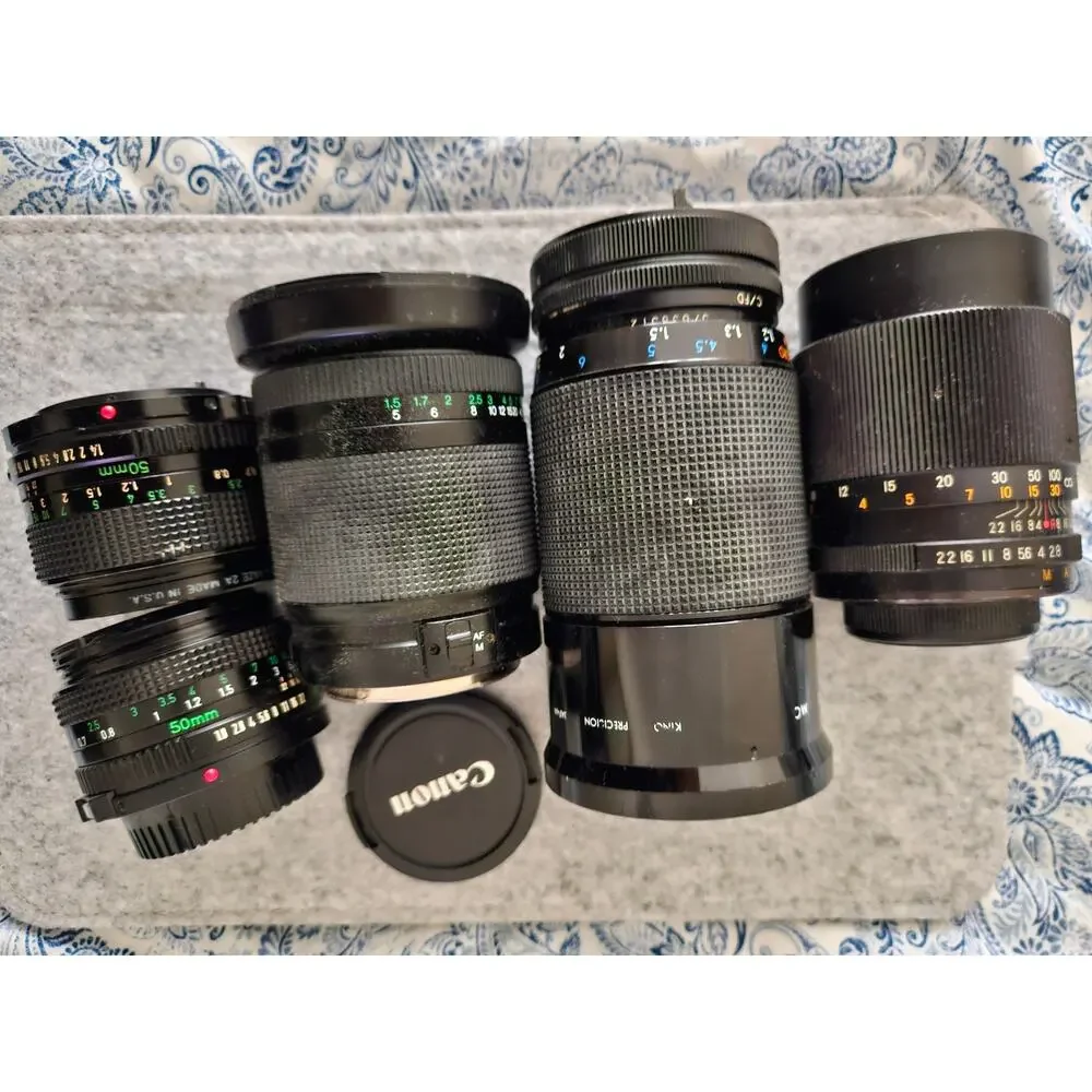 Vintage Camera Lens Lot of 5 Canon FD 50mm f/1.4, FD 50mm f/1.8, Suntar, Phoenix